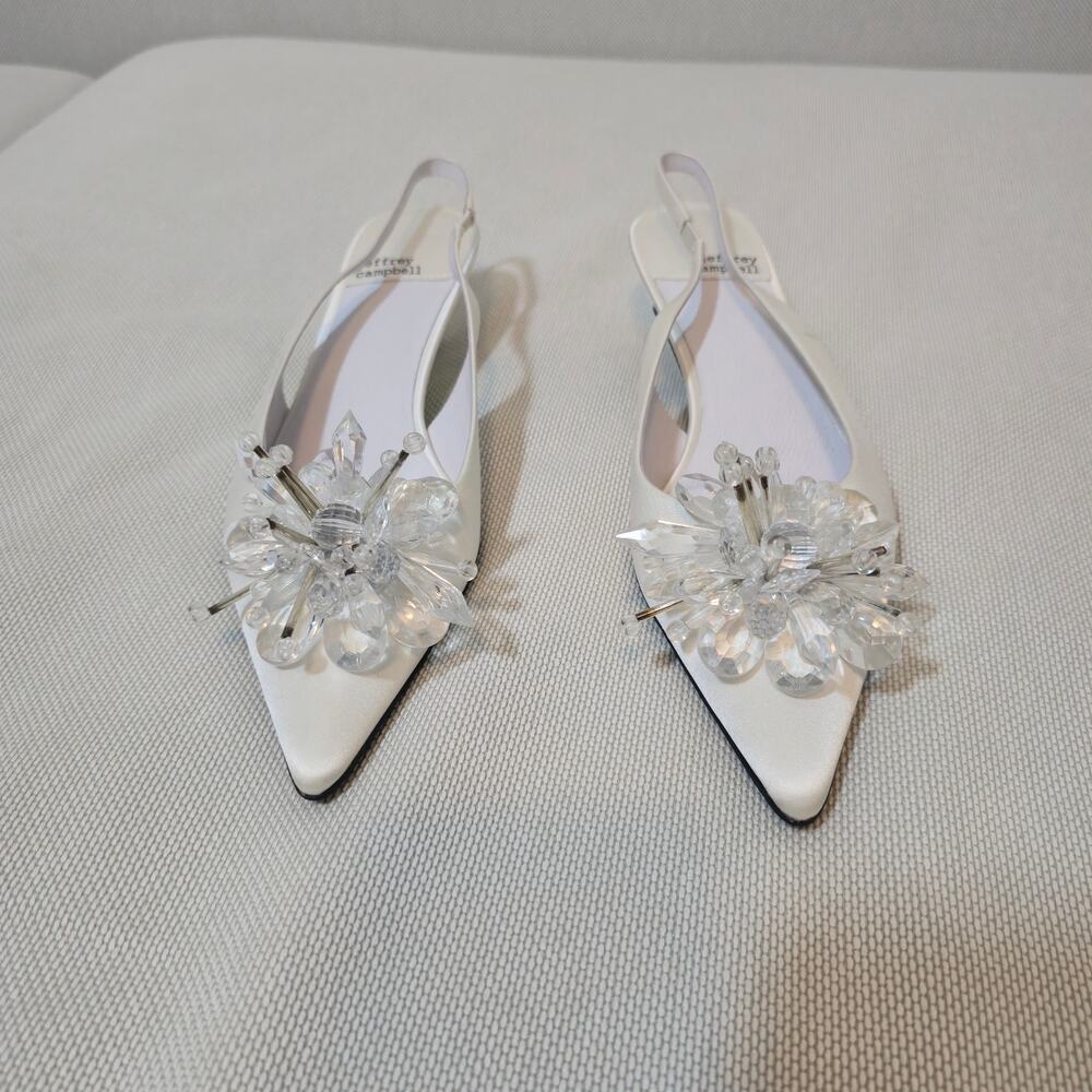 Jeffrey Campbell Kitten Heel Slingback White Satin Crystal Embellishment Sz 6.5 - Picture 2 of 7